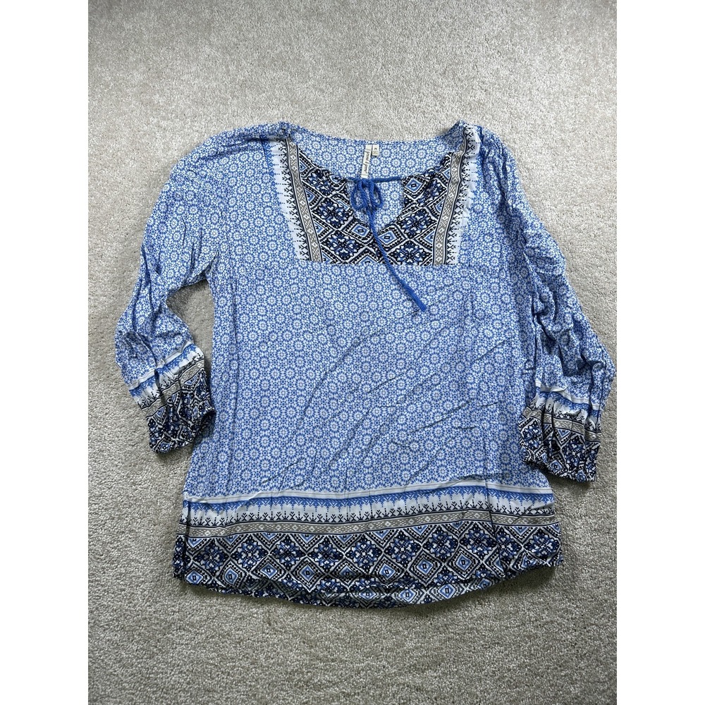 Grand & Greene Blouse Womens Medium Blue Boho Peasant Top Beachy Coastal Whimsy